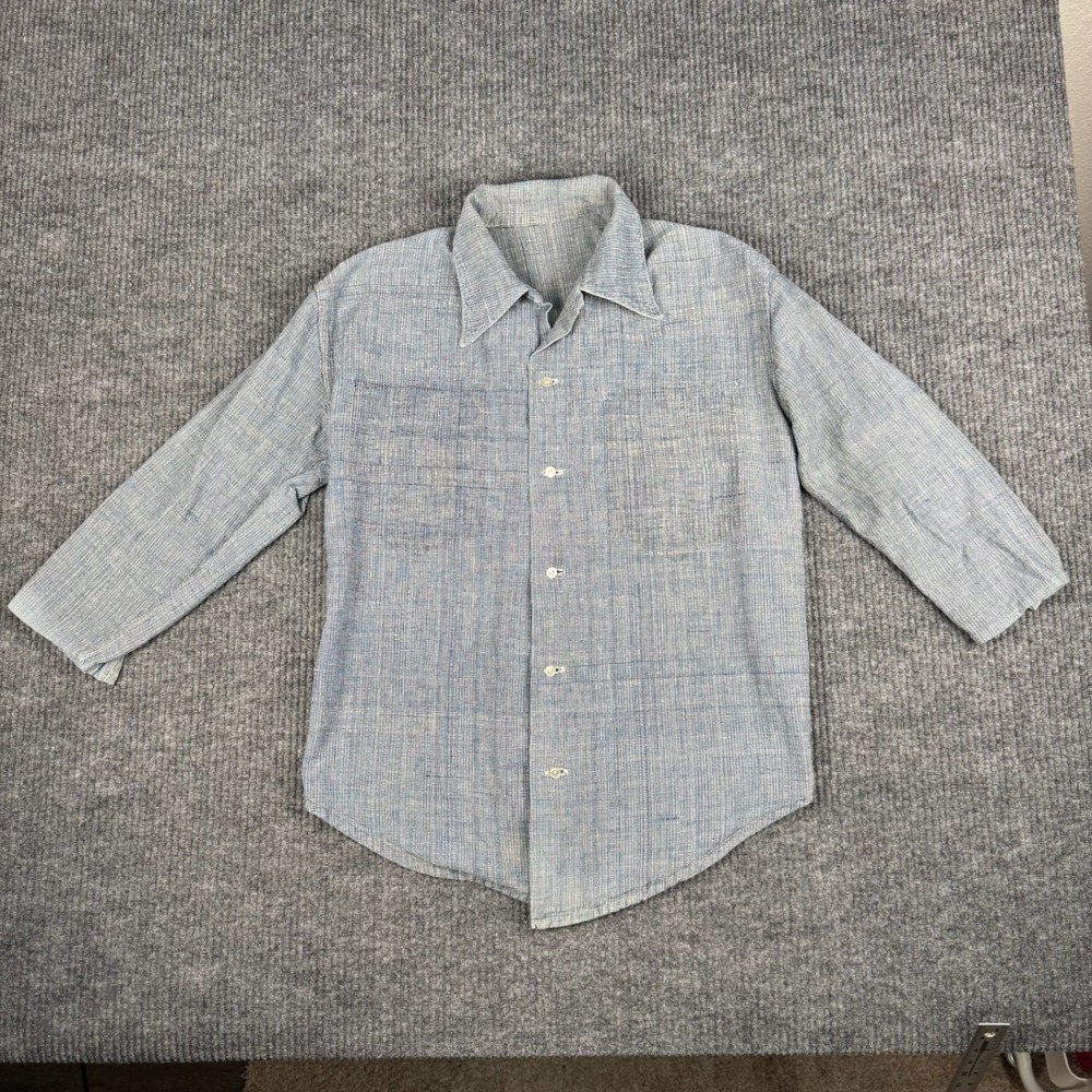 Vtg 50s 60s Button Up Shirt Mens L Blue Slub Weave Textured Workwear USA